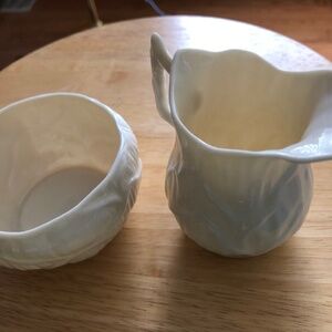 Belleek lotus creamer and sugar bowl